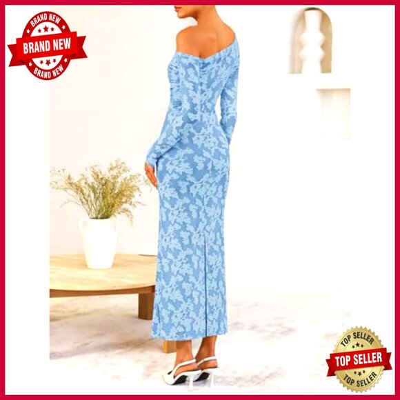 Floral Off Shoulder Bodycon Maxi Dress Elegant Cocktail Party Long Sleeve - Picture 4 of 7